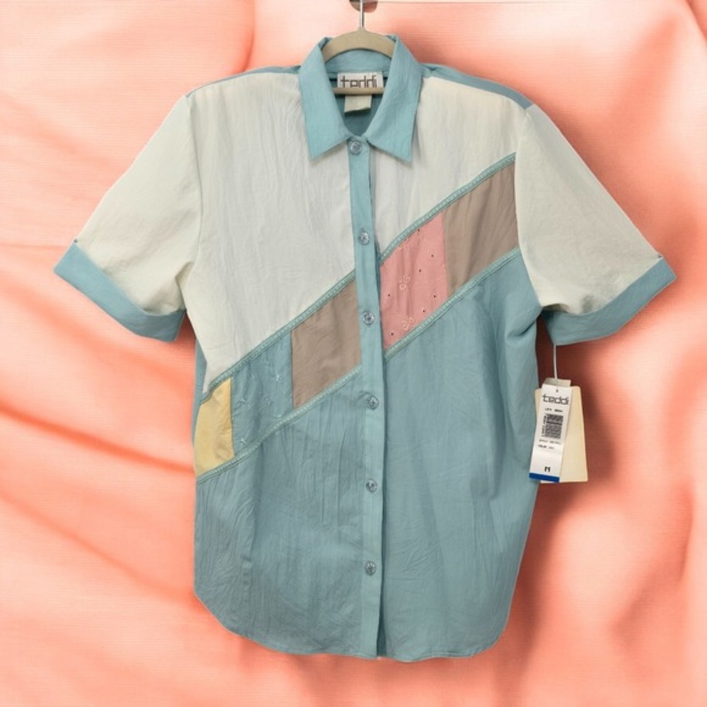 VTG Teddi Color Block Button-Up Short Sleeve Pastel Colorblock Shirt Woman M NWT